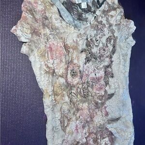 Christopher & Banks Lace Floral Short-Sleeve Top in White, Pink and Tan
